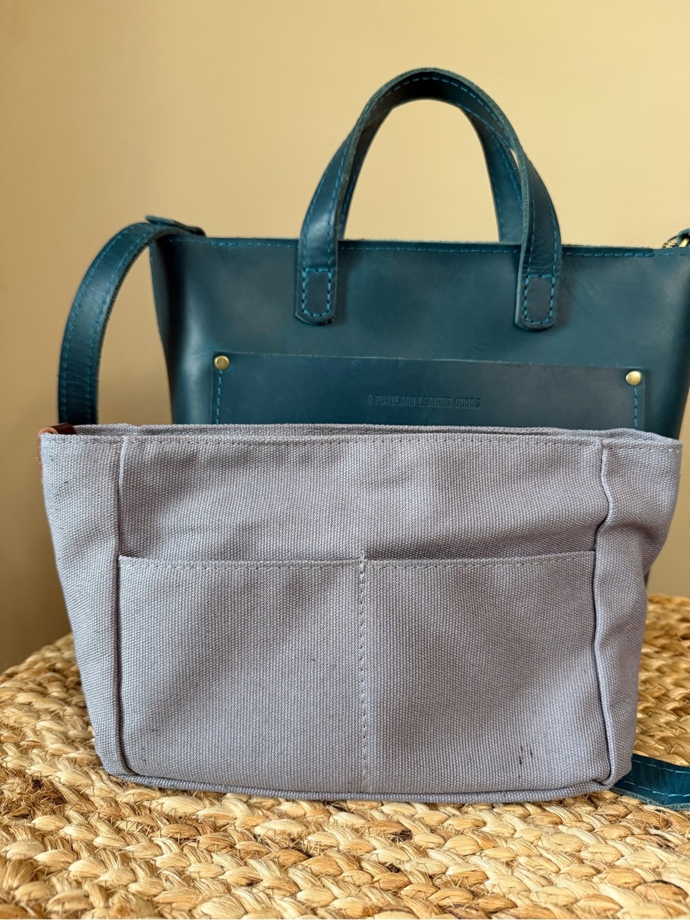 Portland Leather Goods Crossbody Tote in Westward Blue w/ Gray Canvas Organizer - Picture 9 of 15